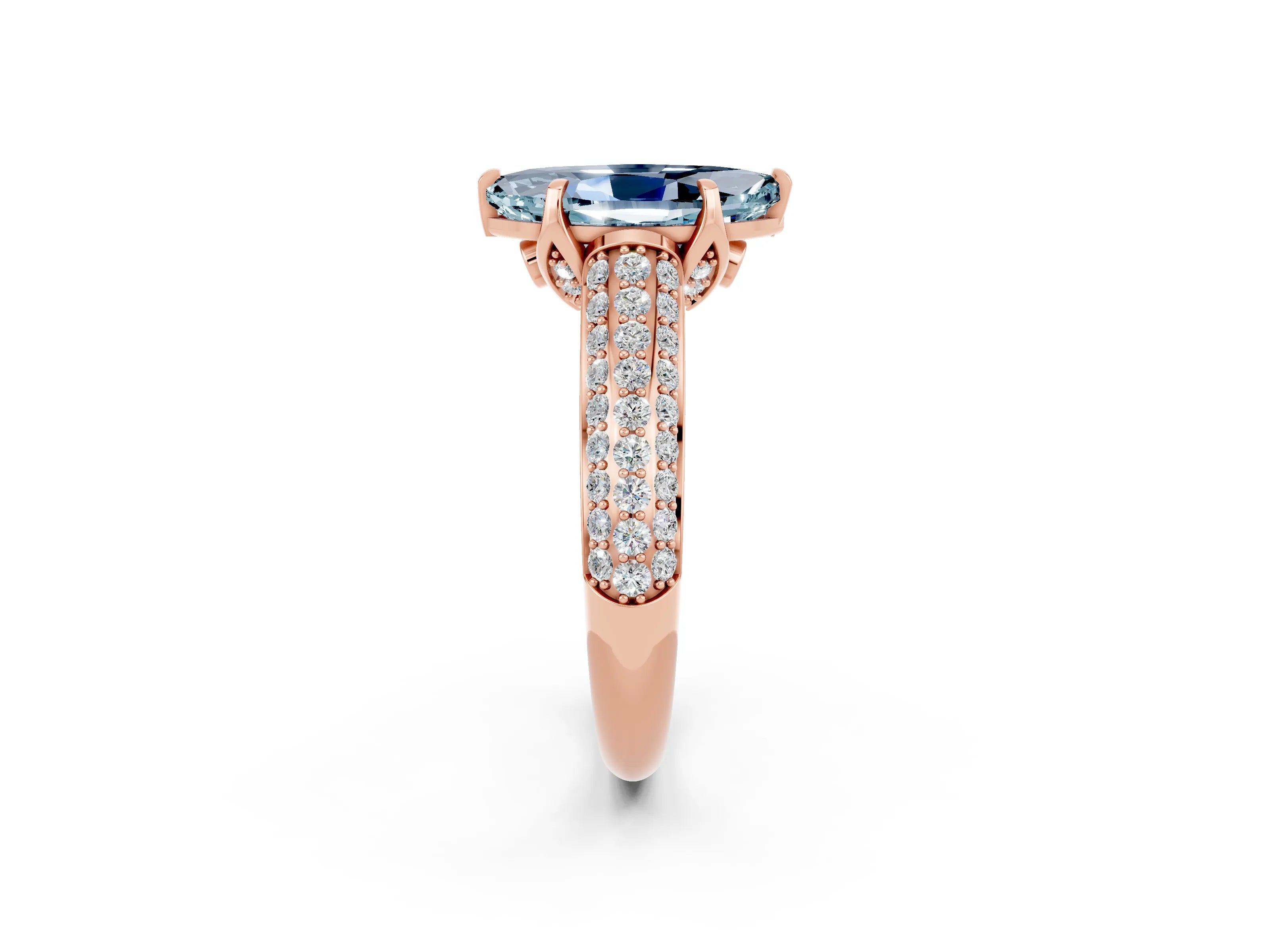Rose gold Marquise Cut Aquamarine Solitaire Ring with Three-Row Pavé Band and Four-Prong Setting_14