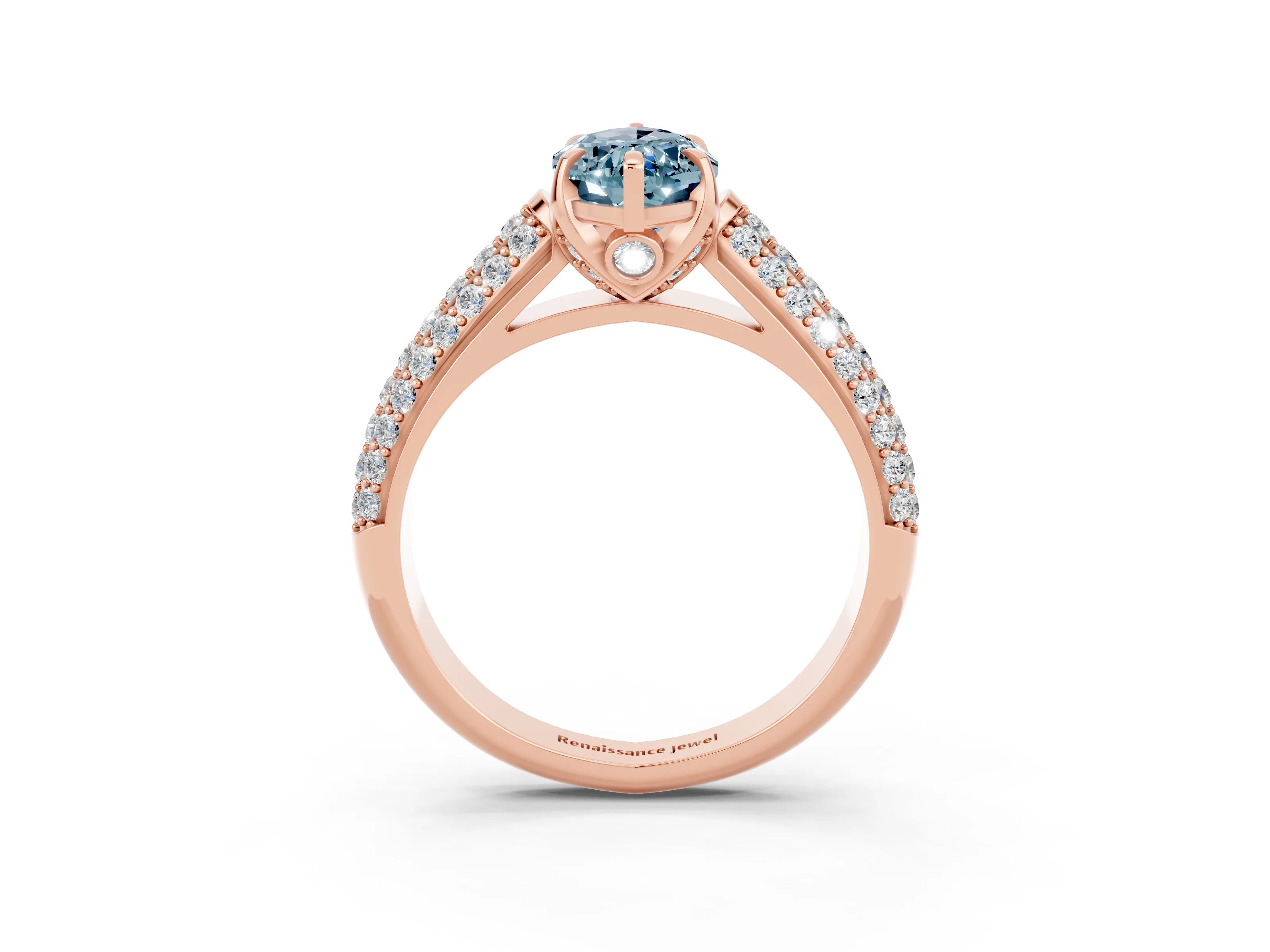 Rose gold Marquise Cut Aquamarine Solitaire Ring with Three-Row Pavé Band and Four-Prong Setting_15