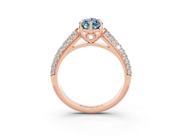 Rose gold Marquise Cut Aquamarine Solitaire Ring with Three-Row Pavé Band and Four-Prong Setting