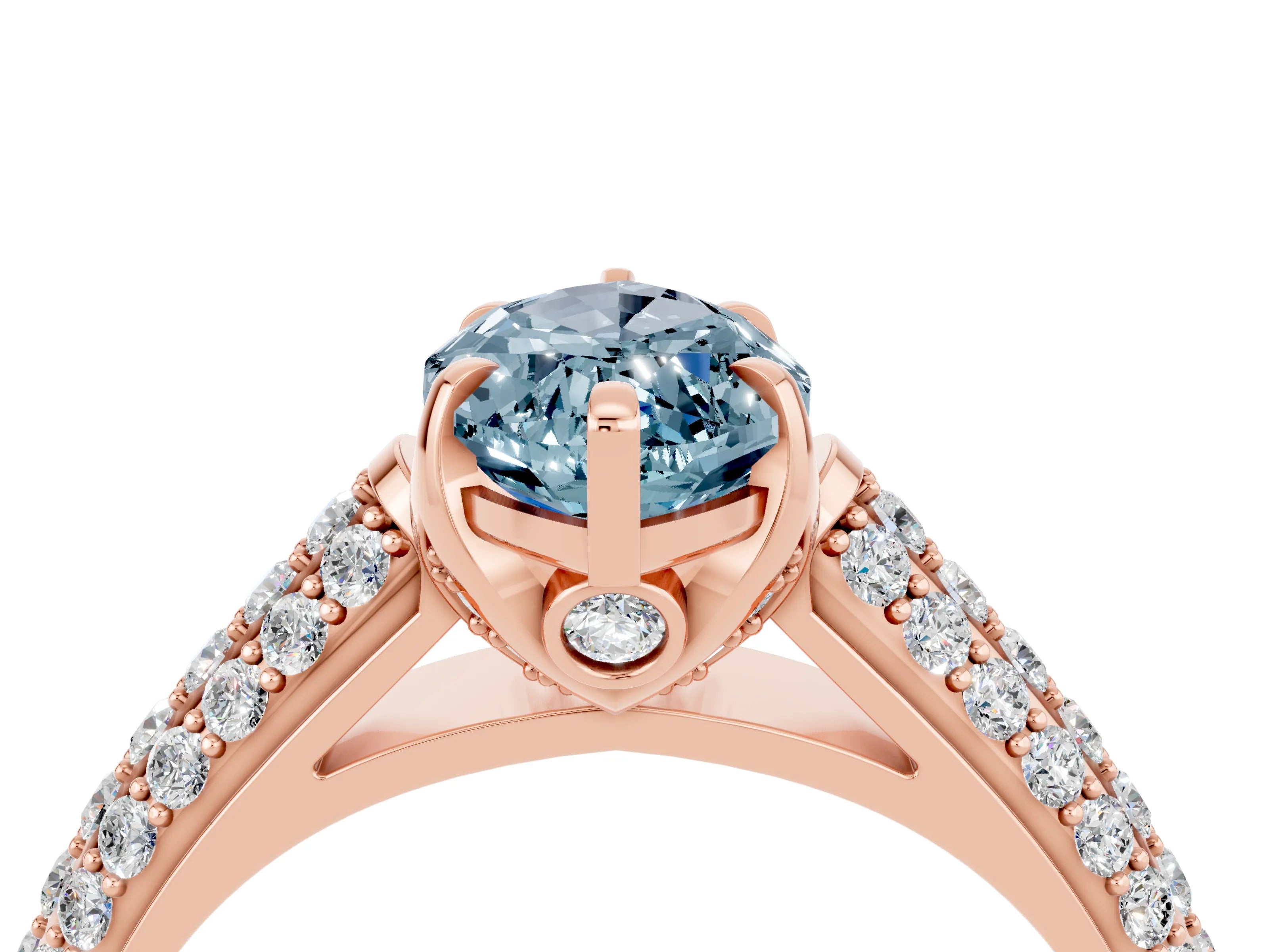 Rose gold Marquise Cut Aquamarine Solitaire Ring with Three-Row Pavé Band and Four-Prong Setting_16