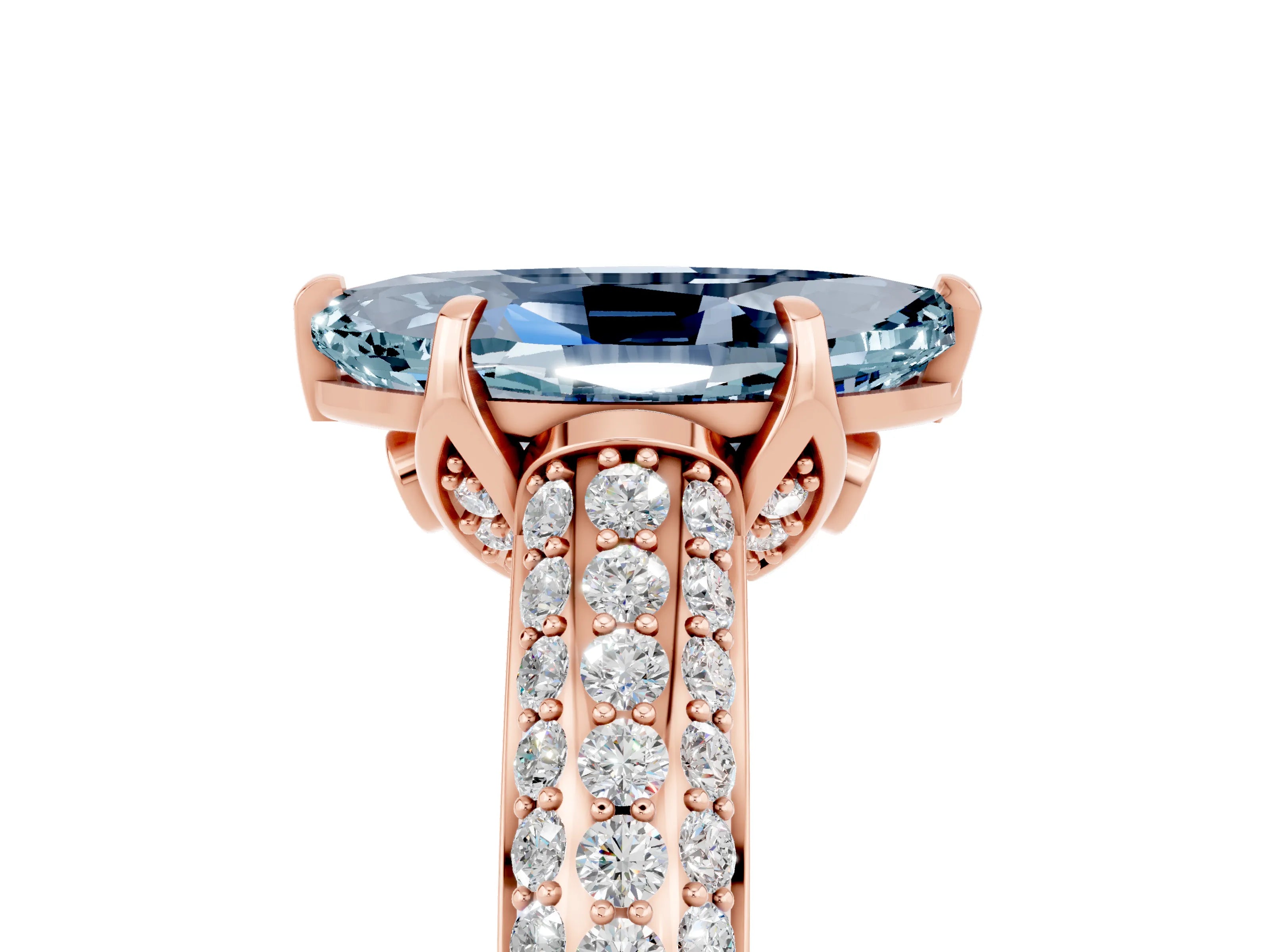 Rose gold Marquise Cut Aquamarine Solitaire Ring with Three-Row Pavé Band and Four-Prong Setting_17