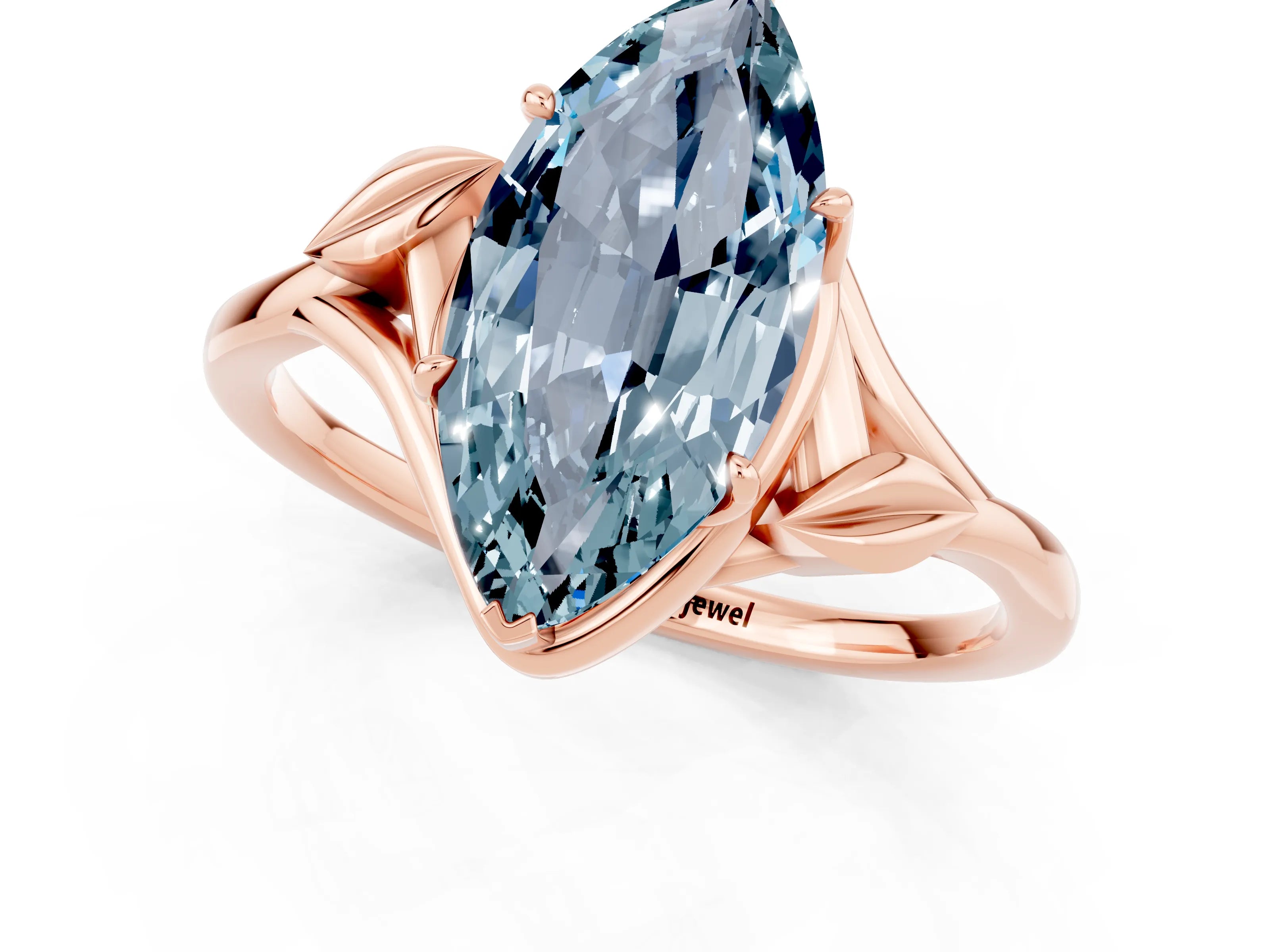 Rose gold Marquise Cut Aquamarine Solitaire Ring with Twist Band and Four-Prong Setting_25