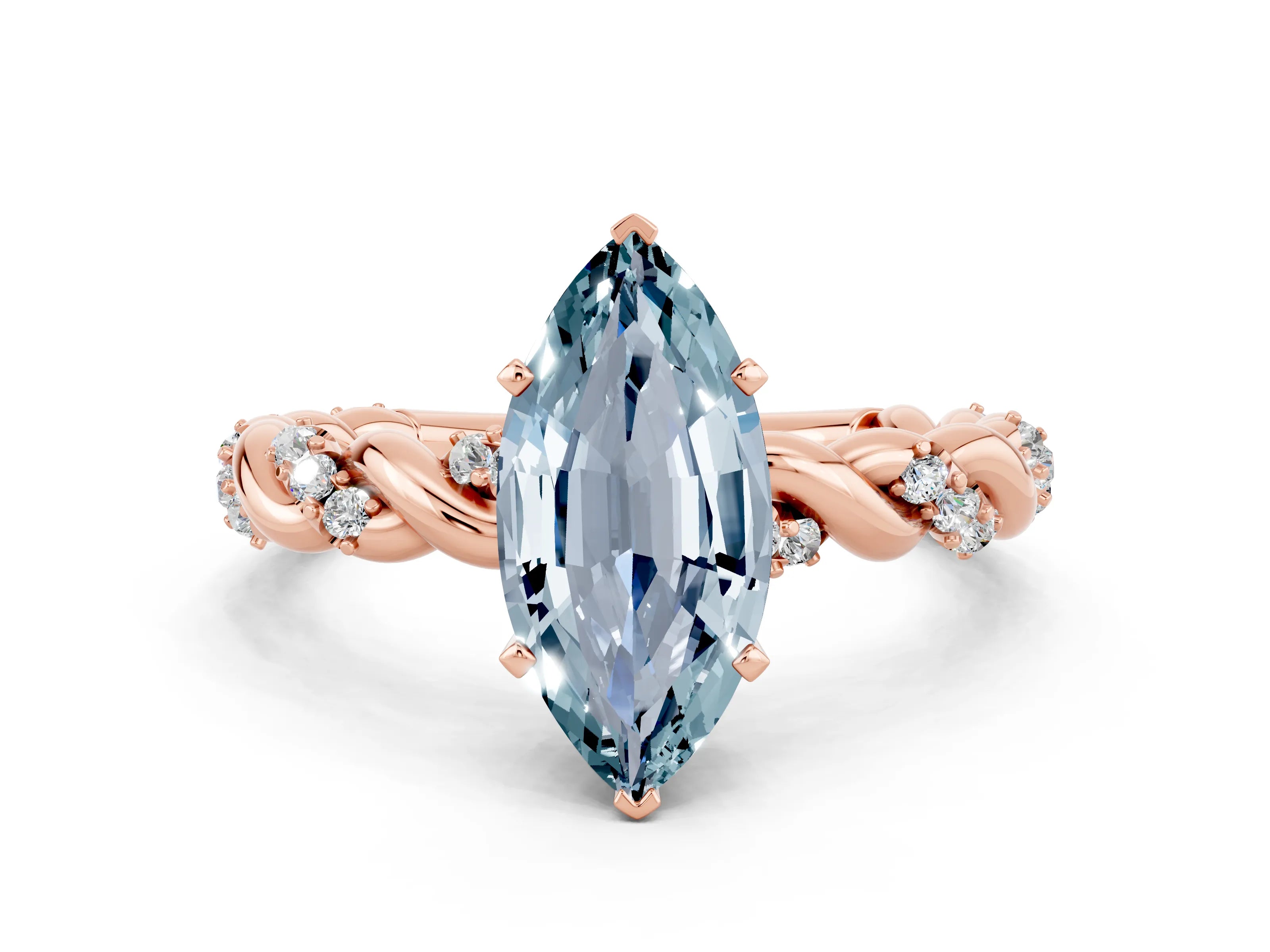 Rose gold Marquise Cut Aquamarine Solitaire Ring with Twisted Band and Pavé Accents