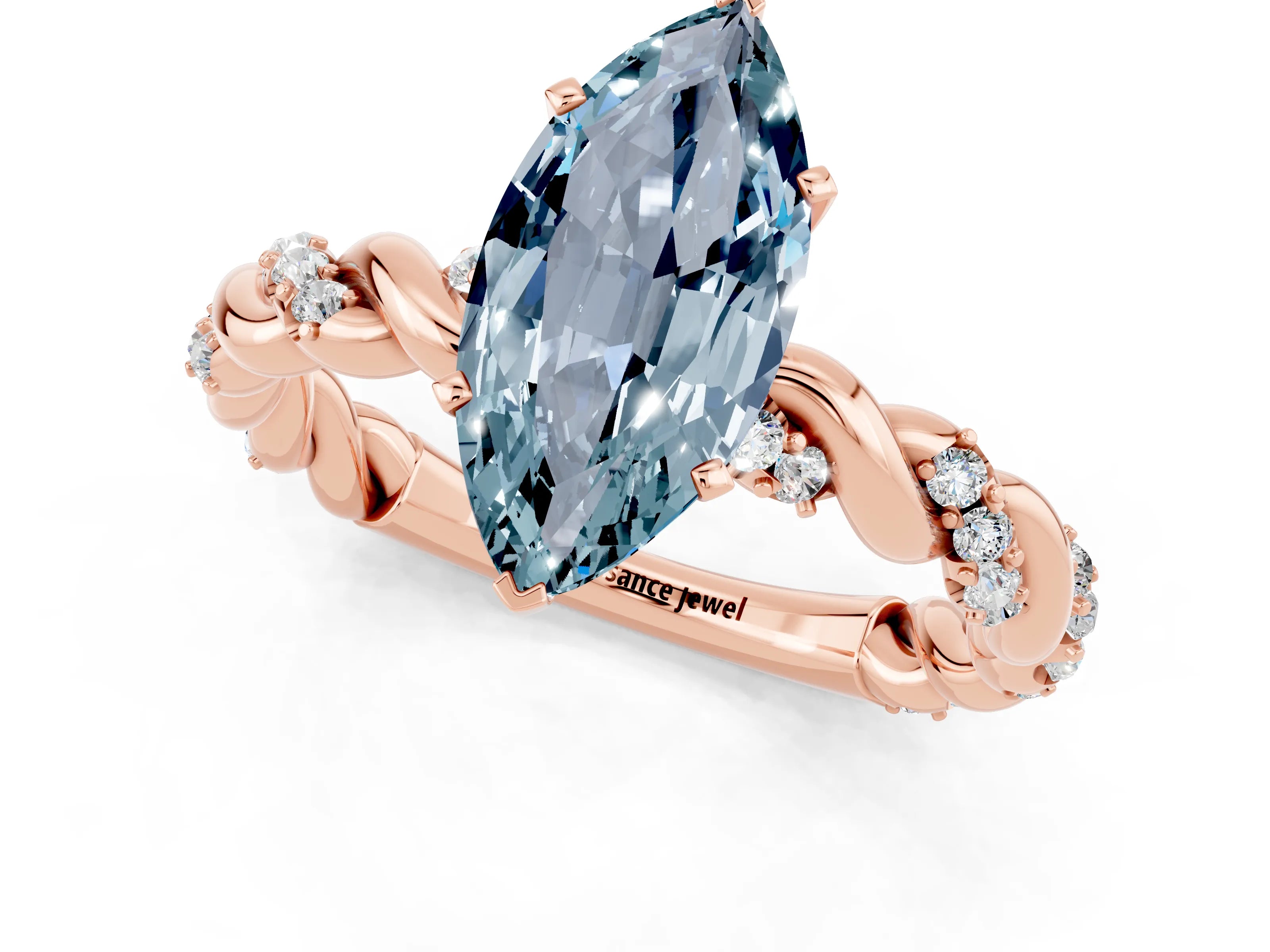 Rose gold Marquise Cut Aquamarine Solitaire Ring with Twisted Band and Pavé Accents_1