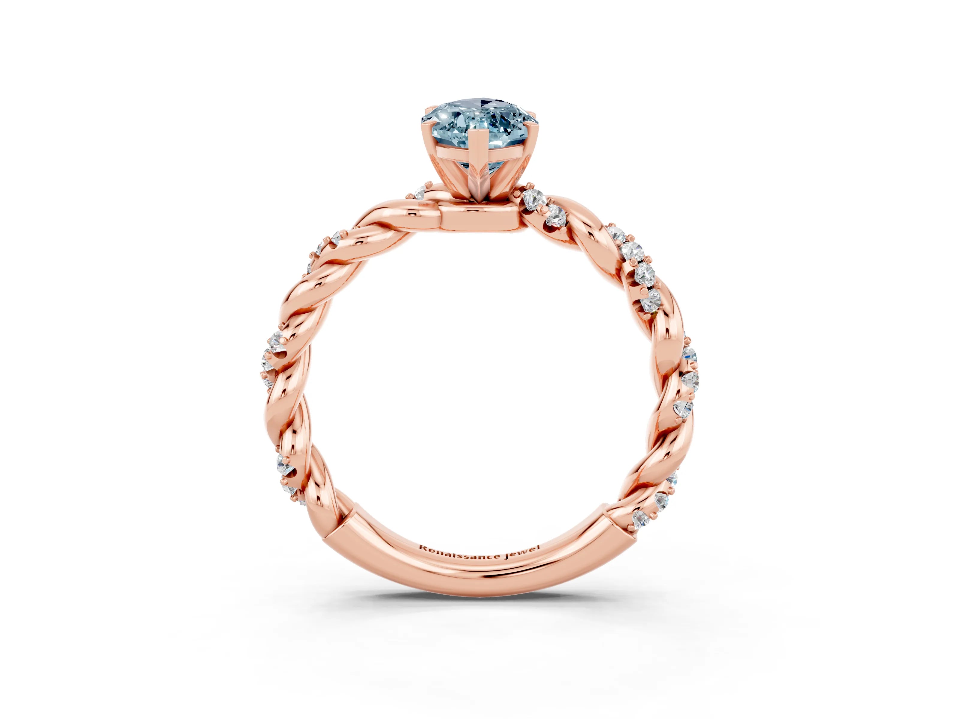 Rose gold Marquise Cut Aquamarine Solitaire Ring with Twisted Band and Pavé Accents_3