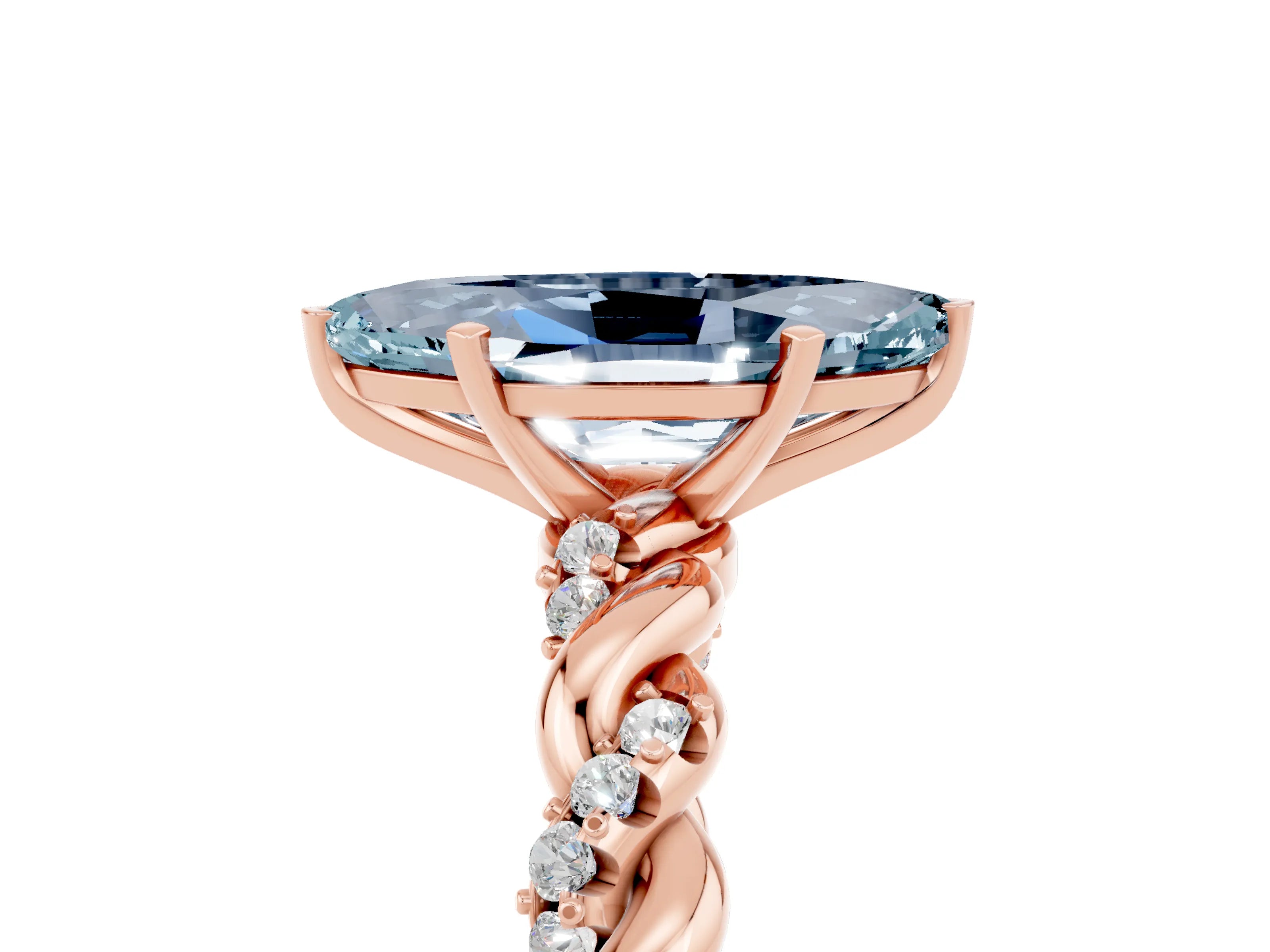 Rose gold Marquise Cut Aquamarine Solitaire Ring with Twisted Band and Pavé Accents_5
