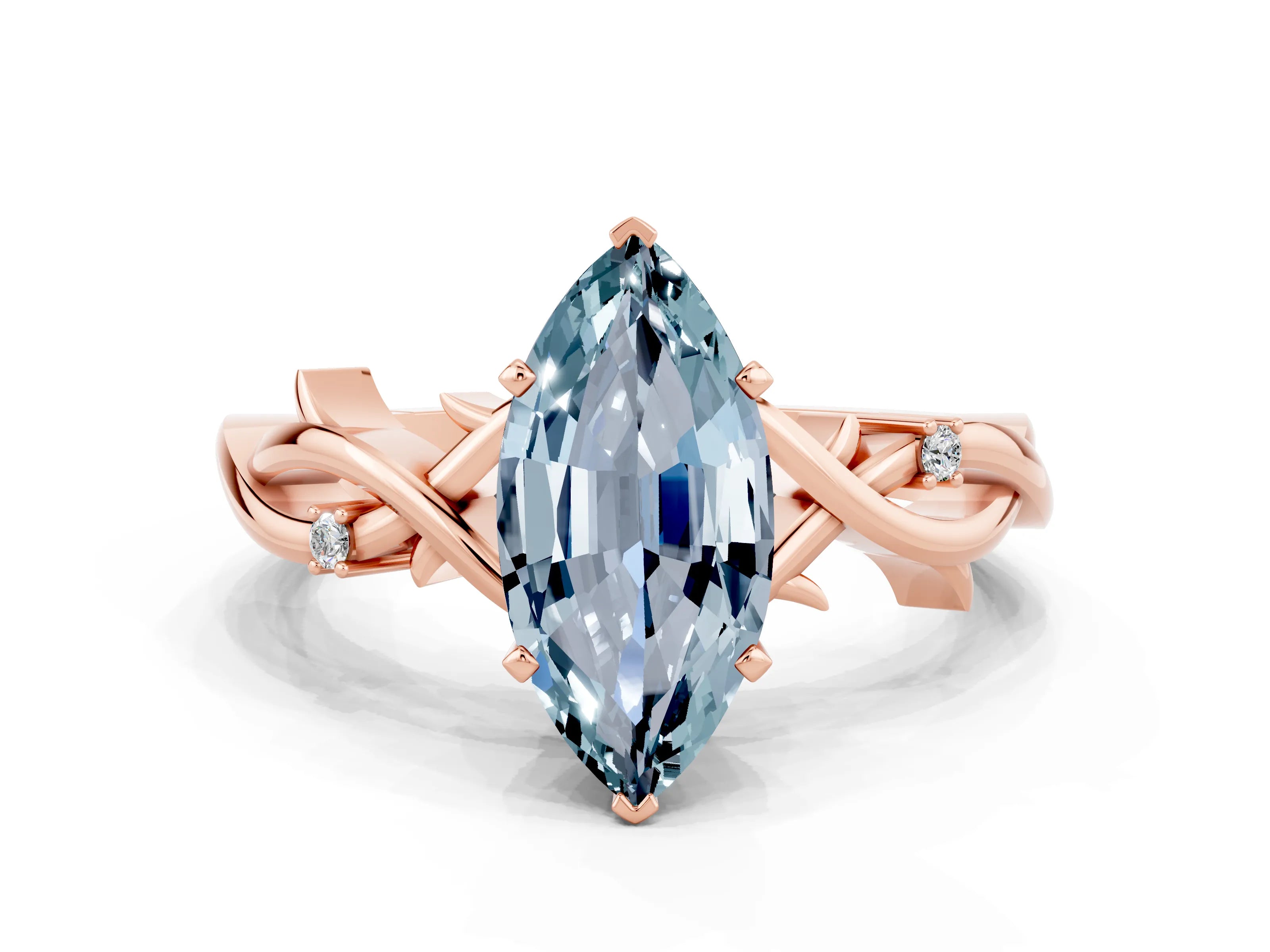 Rose gold Marquise Cut Aquamarine Solitaire Ring with Twisted Band and Prong Setting