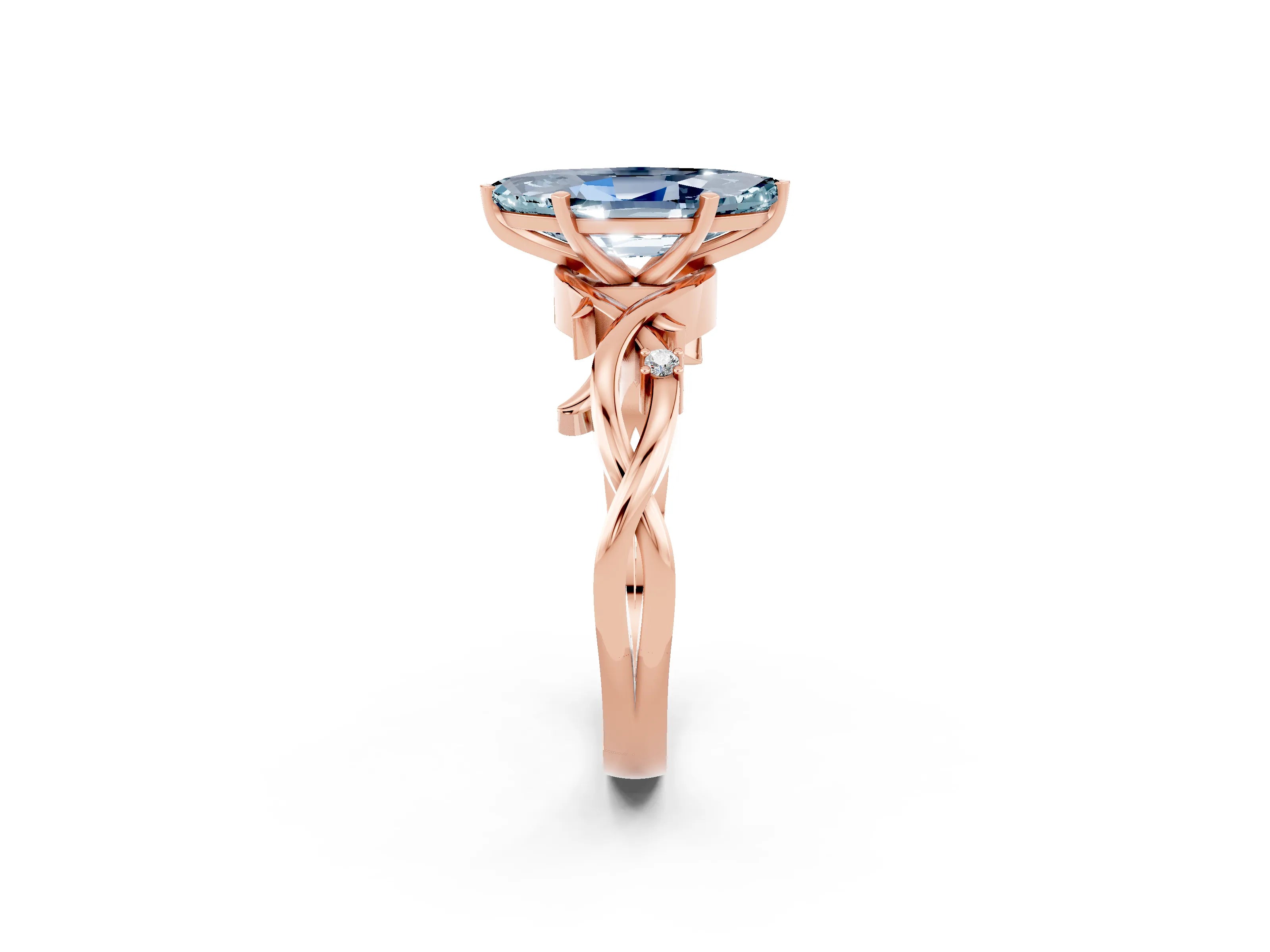Rose gold Marquise Cut Aquamarine Solitaire Ring with Twisted Band and Prong Setting_2