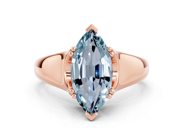 Rose gold Marquise Cut Aquamarine Solitaire Ring with Wide Band and Prong Setting