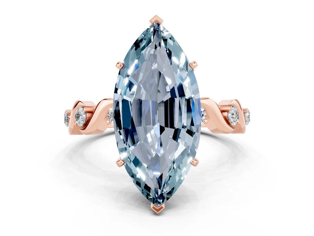 Rose gold Marquise Cut Aquamarine Solitaire Twisted Band with Round  Accents and Prong Setting_12