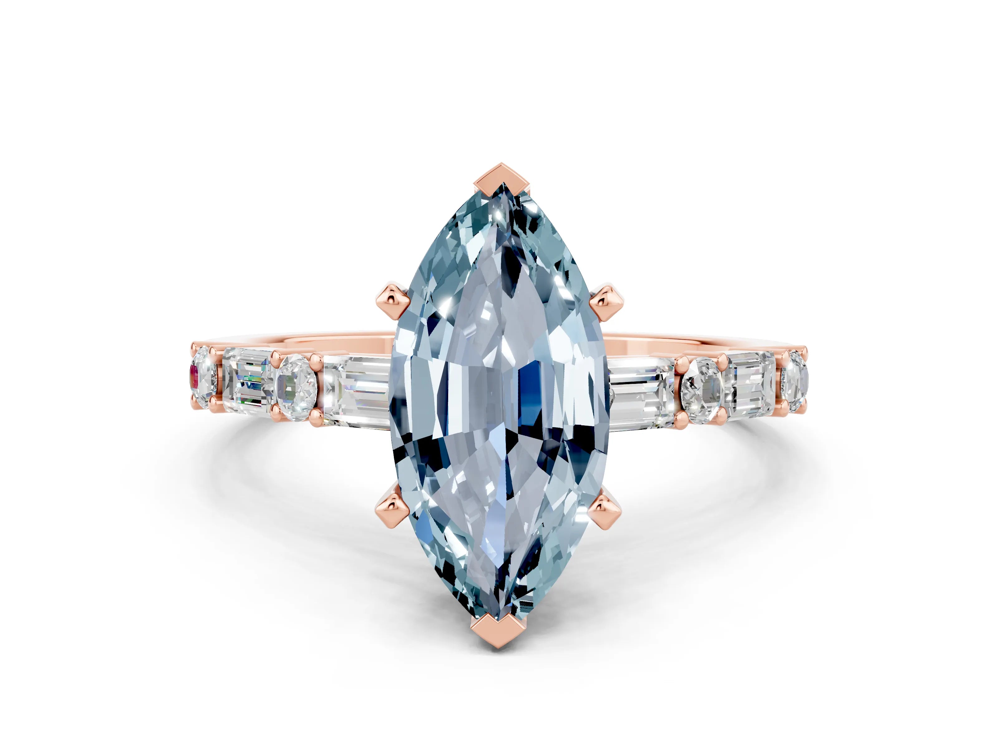 Rose gold Marquise Cut Aquamarine Solitaire with Side Baguettes and Channel Set Band