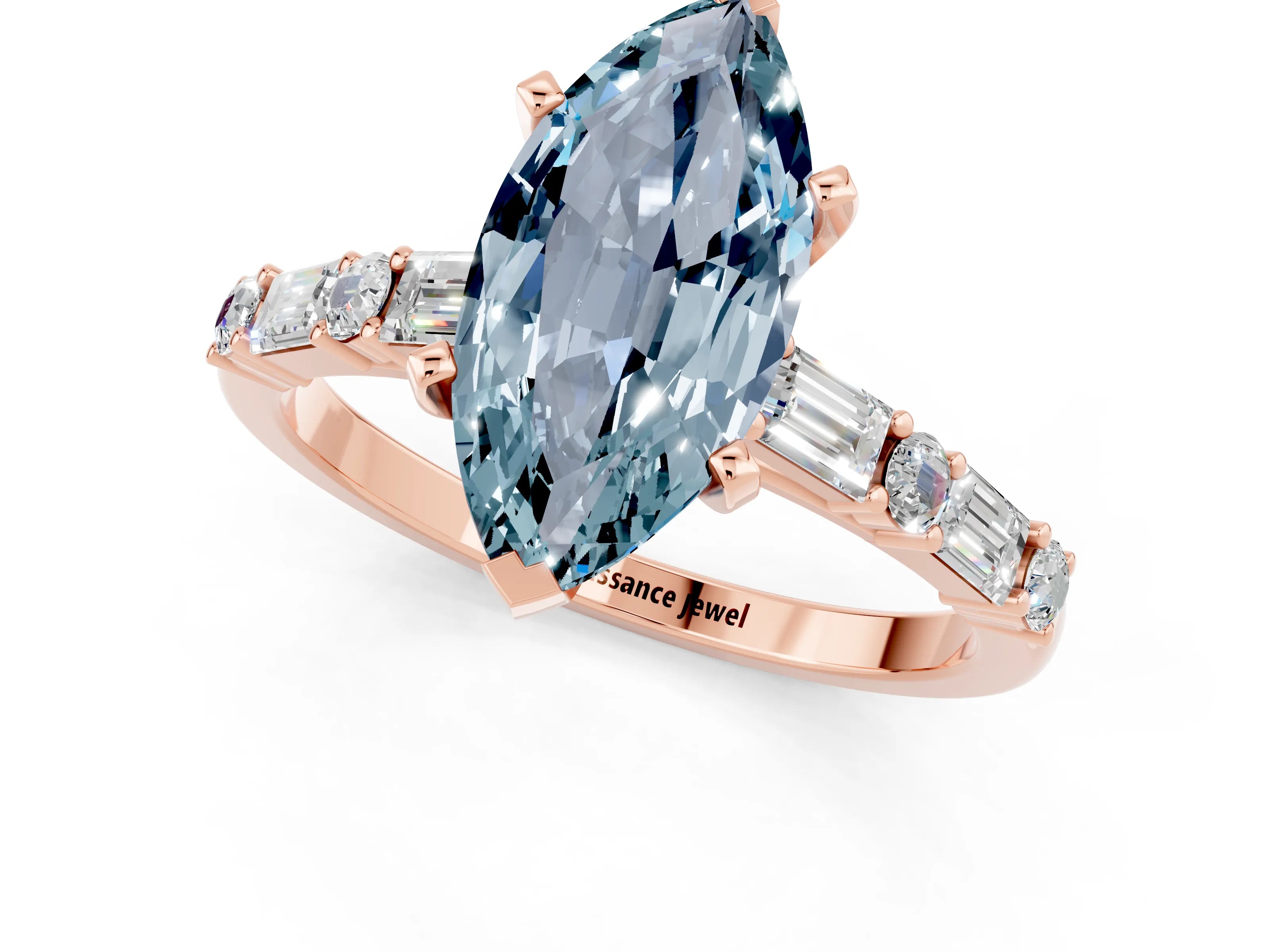 Rose gold Marquise Cut Aquamarine Solitaire with Side Baguettes and Channel Set Band_1