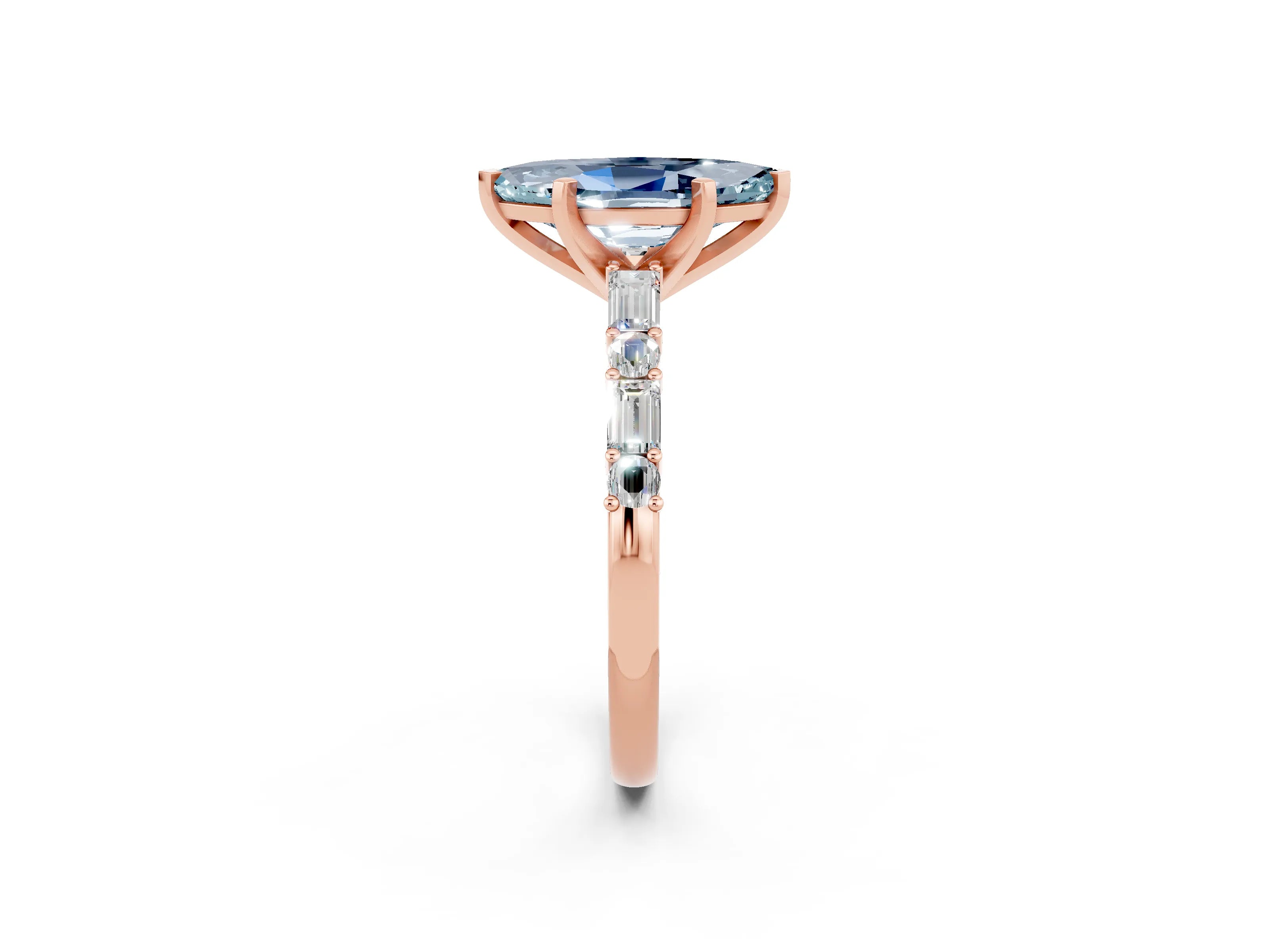 Rose gold Marquise Cut Aquamarine Solitaire with Side Baguettes and Channel Set Band_2