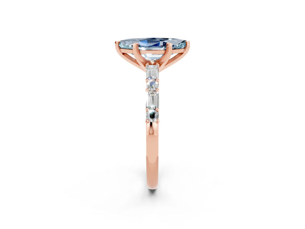 Rose gold Marquise Cut Aquamarine Solitaire with Side Baguettes and Channel Set Band