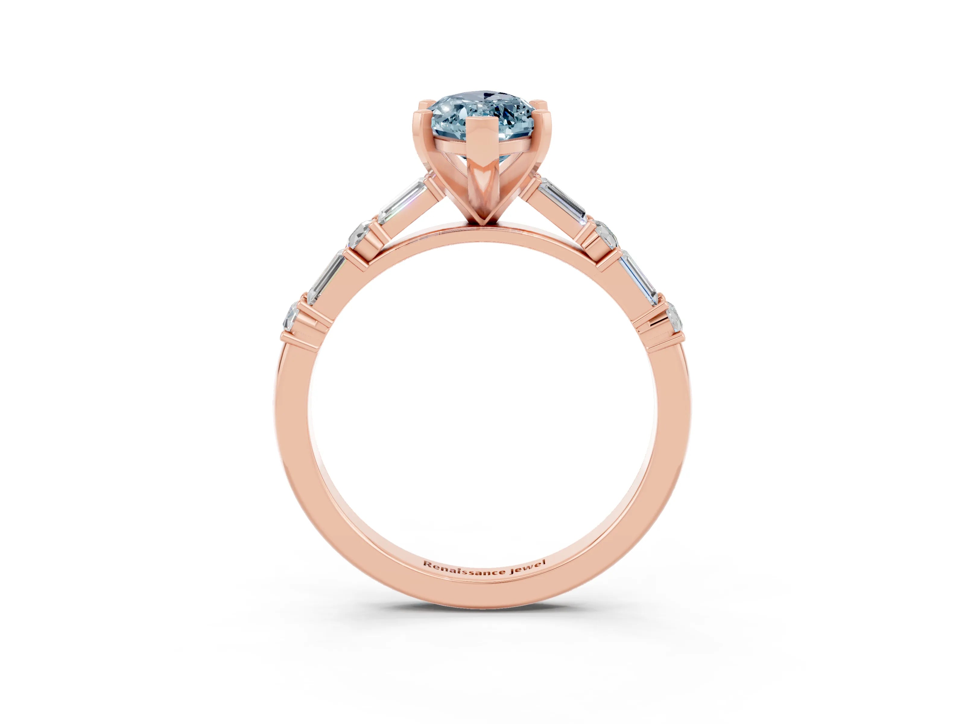 Rose gold Marquise Cut Aquamarine Solitaire with Side Baguettes and Channel Set Band_3