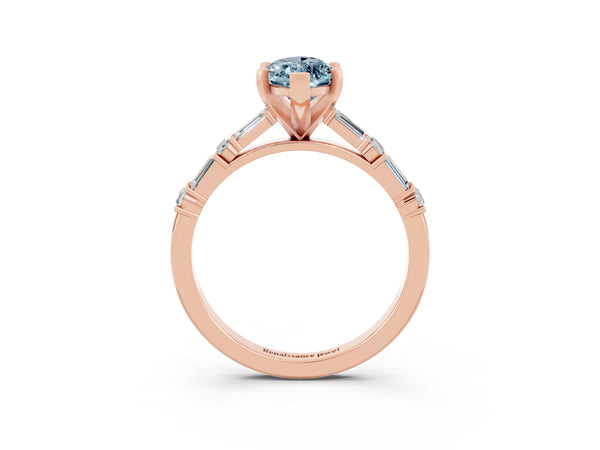 Rose gold Marquise Cut Aquamarine Solitaire with Side Baguettes and Channel Set Band