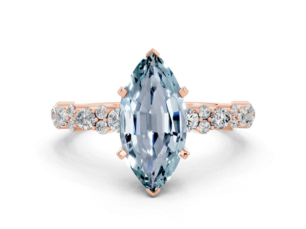 Rose gold Marquise Cut Aquamarine Side Stone Solitaire Ring with Round  and Four-Prong Setting