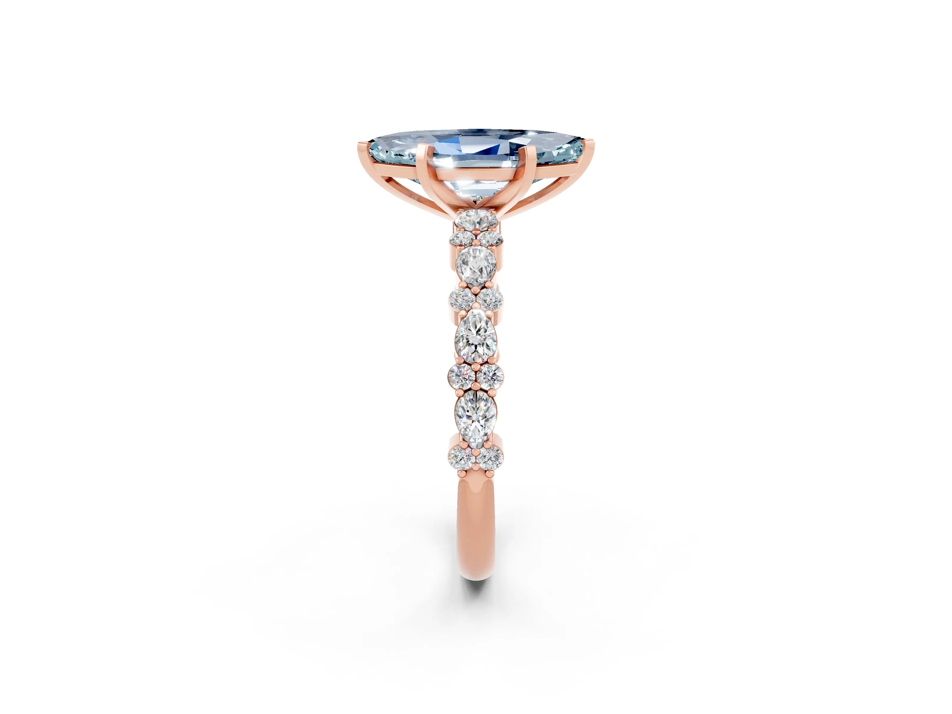 Rose gold Marquise Cut Aquamarine Solitaire with Side Stones, Pave Band, Four-Prong Setting_38