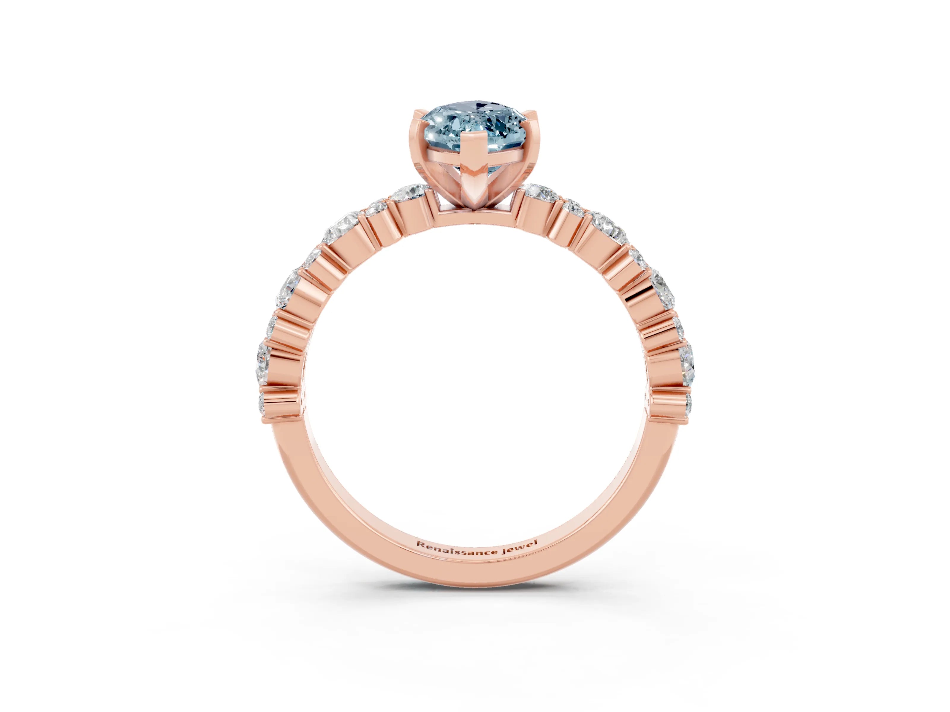 Rose gold Marquise Cut Aquamarine Solitaire with Side Stones, Pave Band, Four-Prong Setting_39