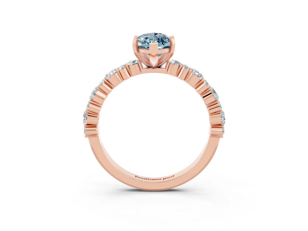 Rose gold Marquise Cut Aquamarine Side Stone Solitaire Ring with Round  and Four-Prong Setting