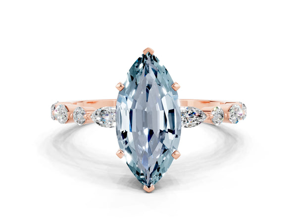 Rose gold Marquise Cut Aquamarine Ring with Marquise and Round  Side Stones and Four-Prong Setting
