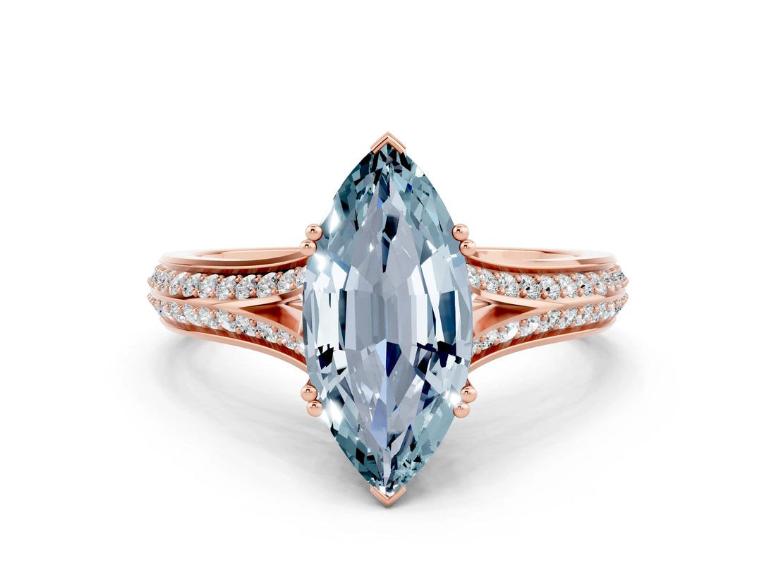 Rose gold Marquise Cut Aquamarine Split Shank Engagement Ring with Pavé Band