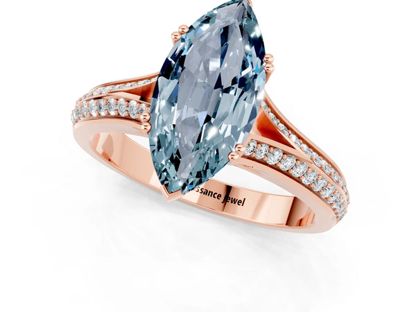 Rose gold Marquise Cut Aquamarine Split Shank Engagement Ring with Pavé Band
