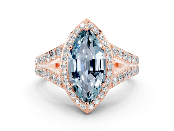 Rose gold Marquise Cut Aquamarine Split Shank Halo Ring with Four-Prong Setting