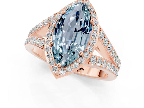 Rose gold Marquise Cut Aquamarine Split Shank Halo Ring with Four-Prong Setting_13