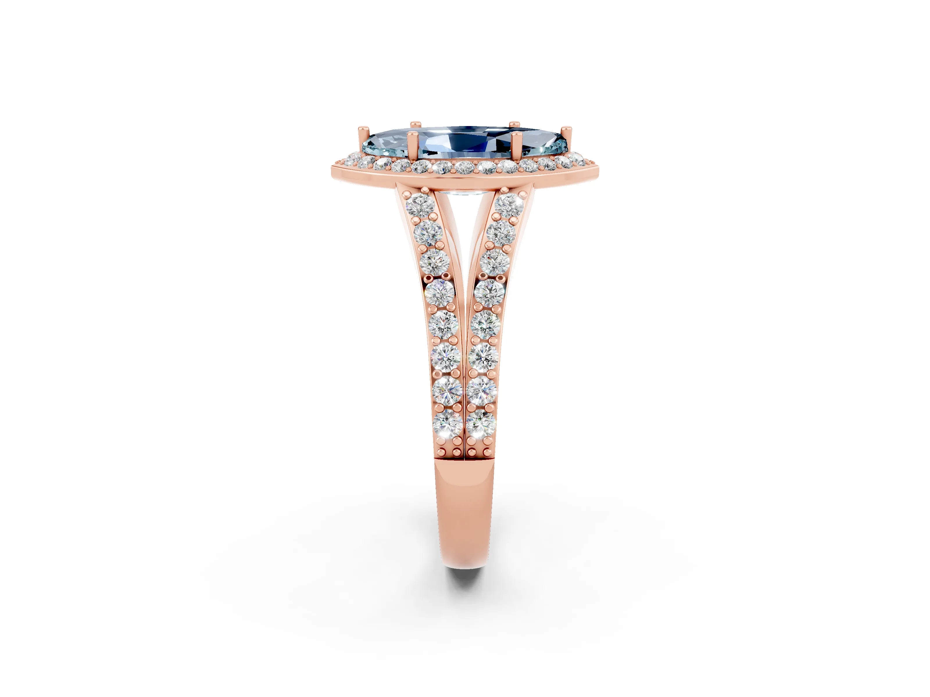 Rose gold Marquise Cut Aquamarine Split Shank Halo Ring with Four-Prong Setting_14