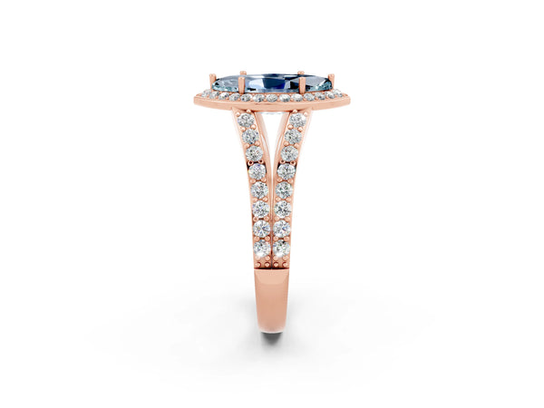 Rose gold Marquise Cut Aquamarine Split Shank Halo Ring with Four-Prong Setting