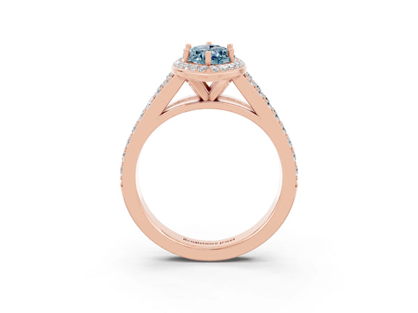Rose gold Marquise Cut Aquamarine Split Shank Halo Ring with Four-Prong Setting