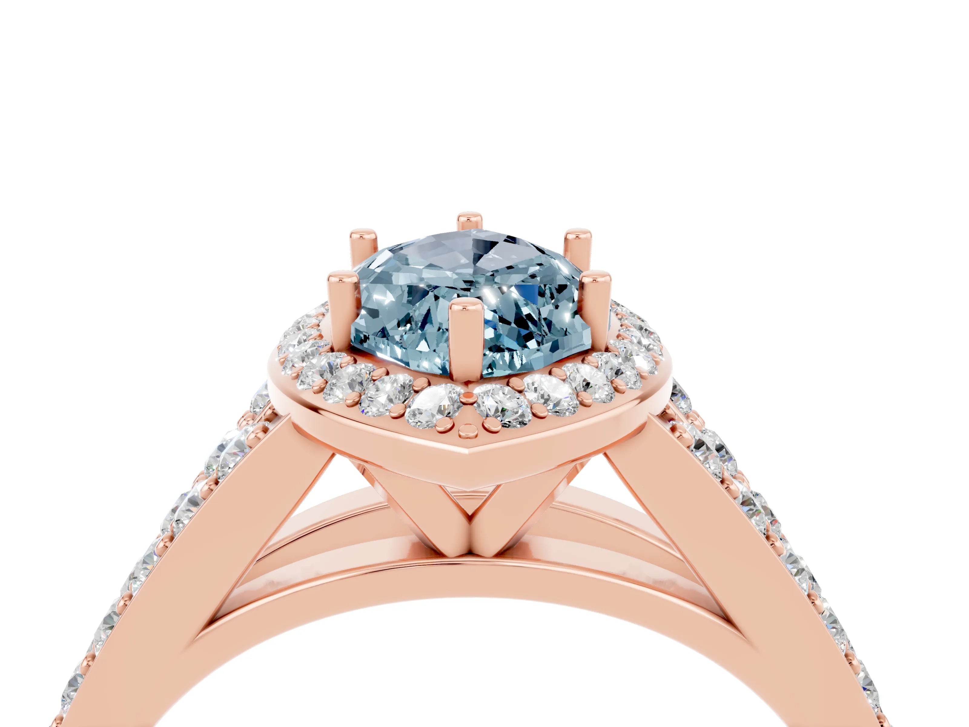 Rose gold Marquise Cut Aquamarine Split Shank Halo Ring with Four-Prong Setting_16