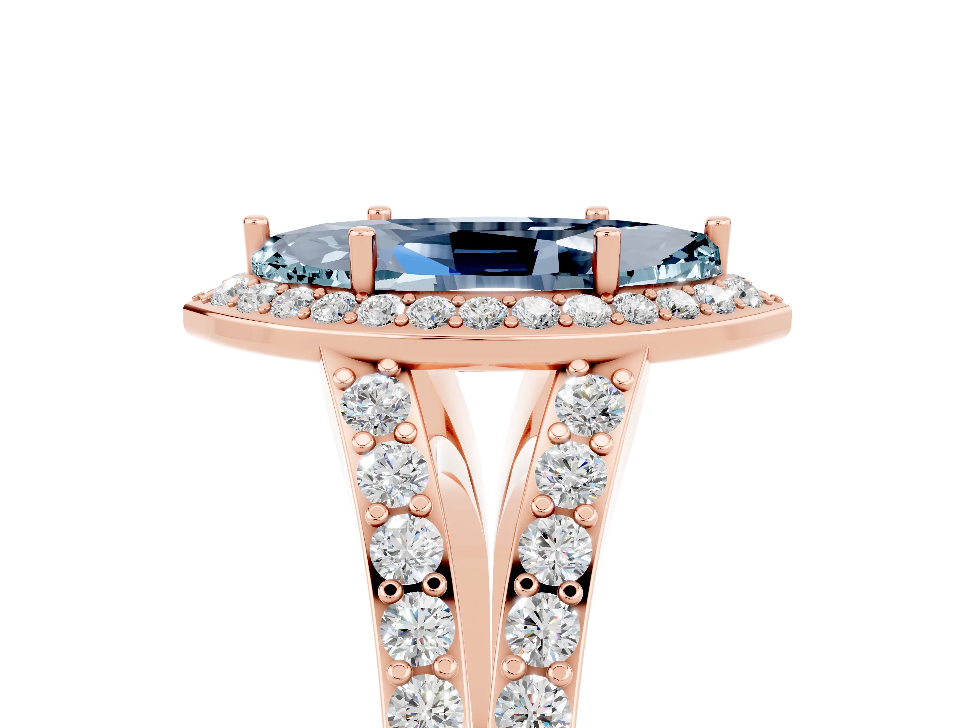 Rose gold Marquise Cut Aquamarine Split Shank Halo Ring with Four-Prong Setting_17