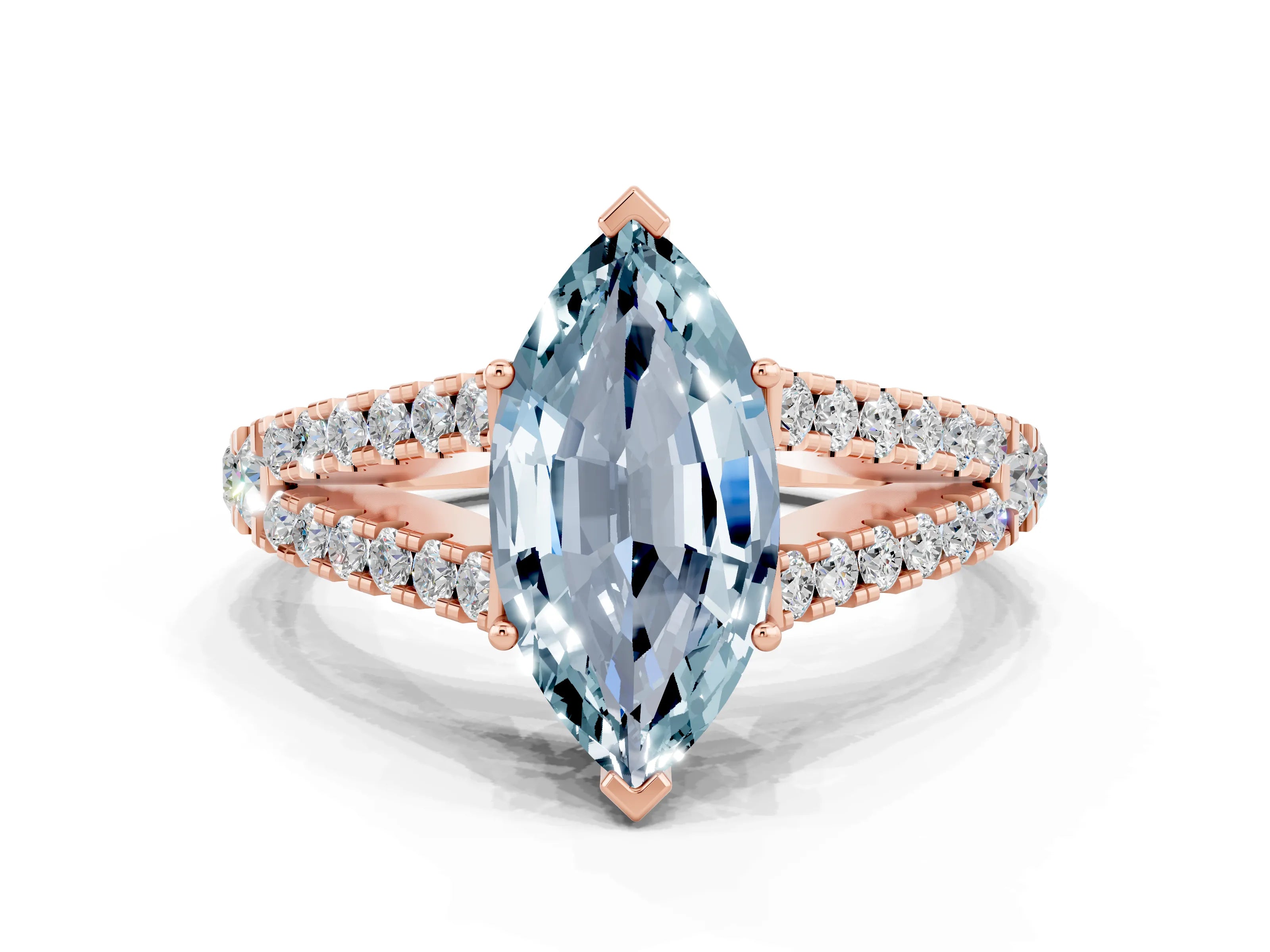Rose gold Marquise Cut Aquamarine Split Shank Pavé Engagement Ring with Four-Prong Setting_12