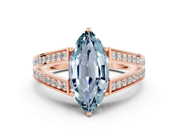 Rose gold Marquise Cut Aquamarine Split Shank Ring with Pavé Band and Four-Prong Setting