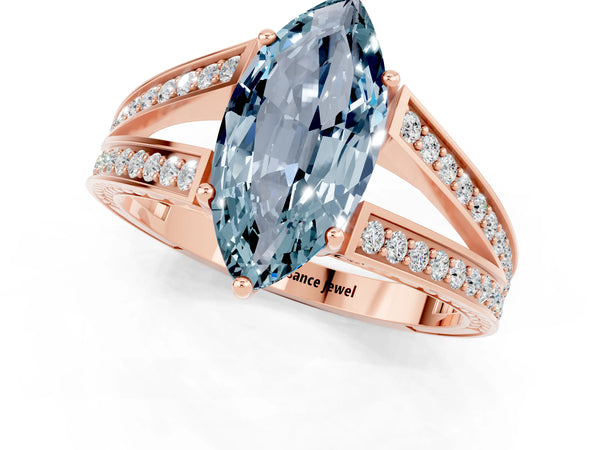 Rose gold Marquise Cut Aquamarine Split Shank Ring with Pavé Band and Four-Prong Setting