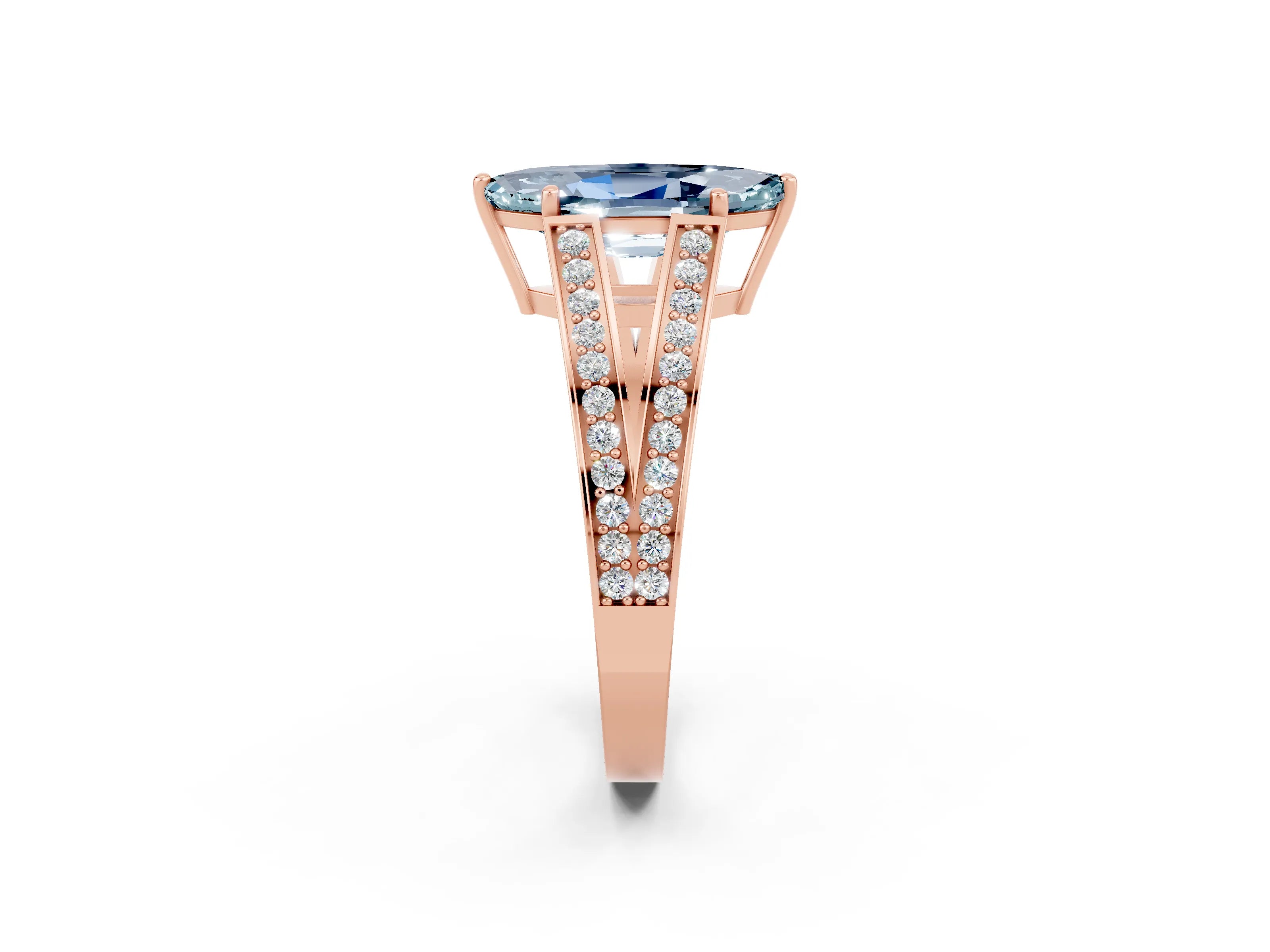 Rose gold Marquise Cut Aquamarine Split Shank Ring with Pavé Band and Four-Prong Setting_2