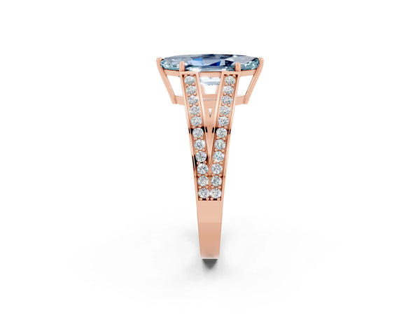 Rose gold Marquise Cut Aquamarine Split Shank Ring with Pavé Band and Four-Prong Setting