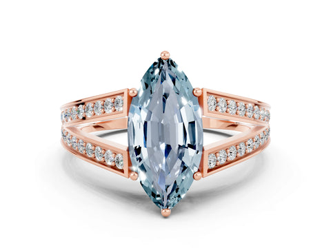Rose gold Marquise Cut Aquamarine Split Shank Ring with Pavé Band and Four-Prong Setting
