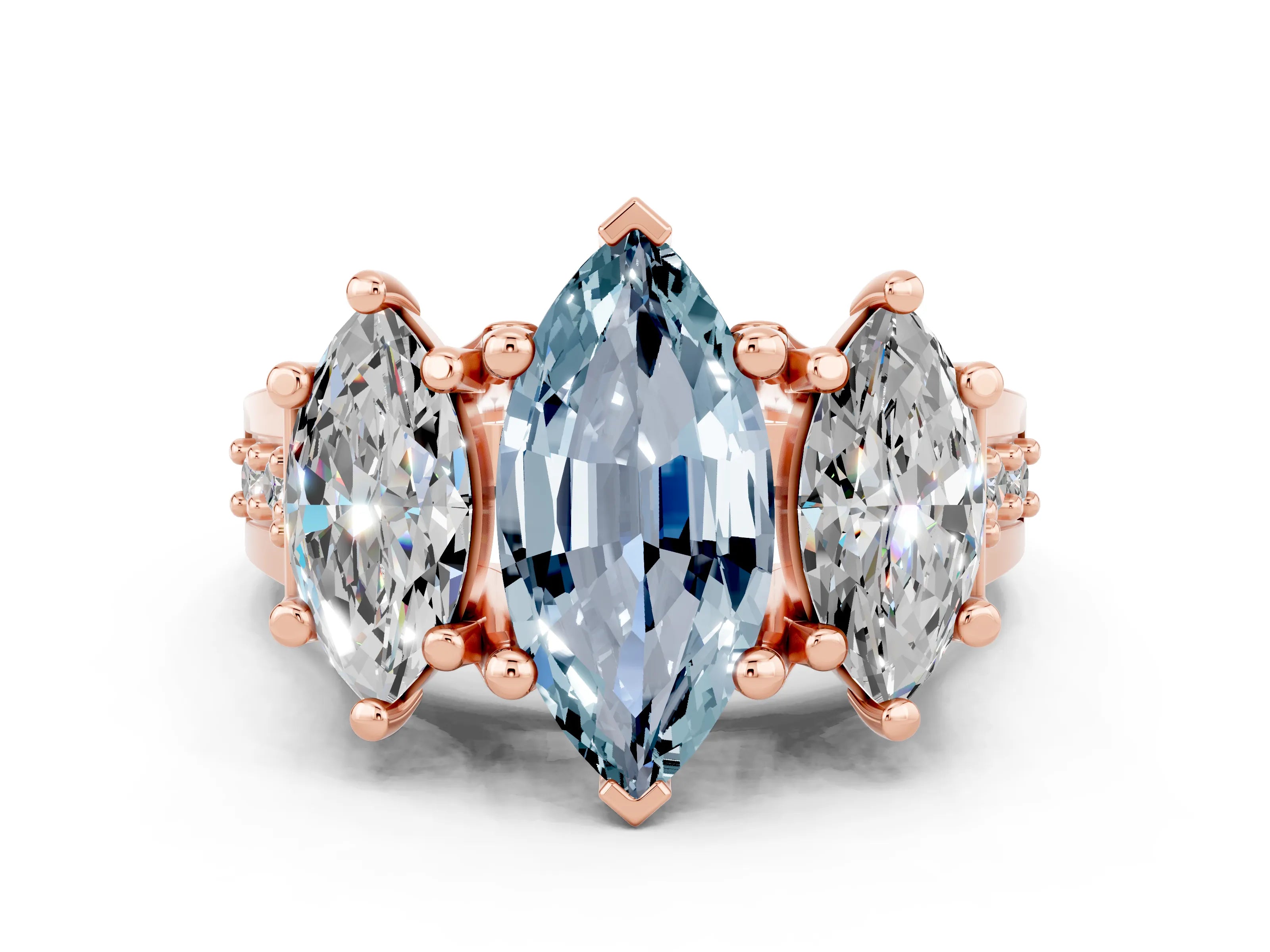 Rose gold Marquise Cut Aquamarine Three-Stone Ring with Channel Set Band and Four-Prong Setting