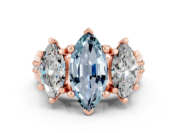 Rose gold Marquise Cut Aquamarine Three-Stone Ring with Channel Set Band and Four-Prong Setting