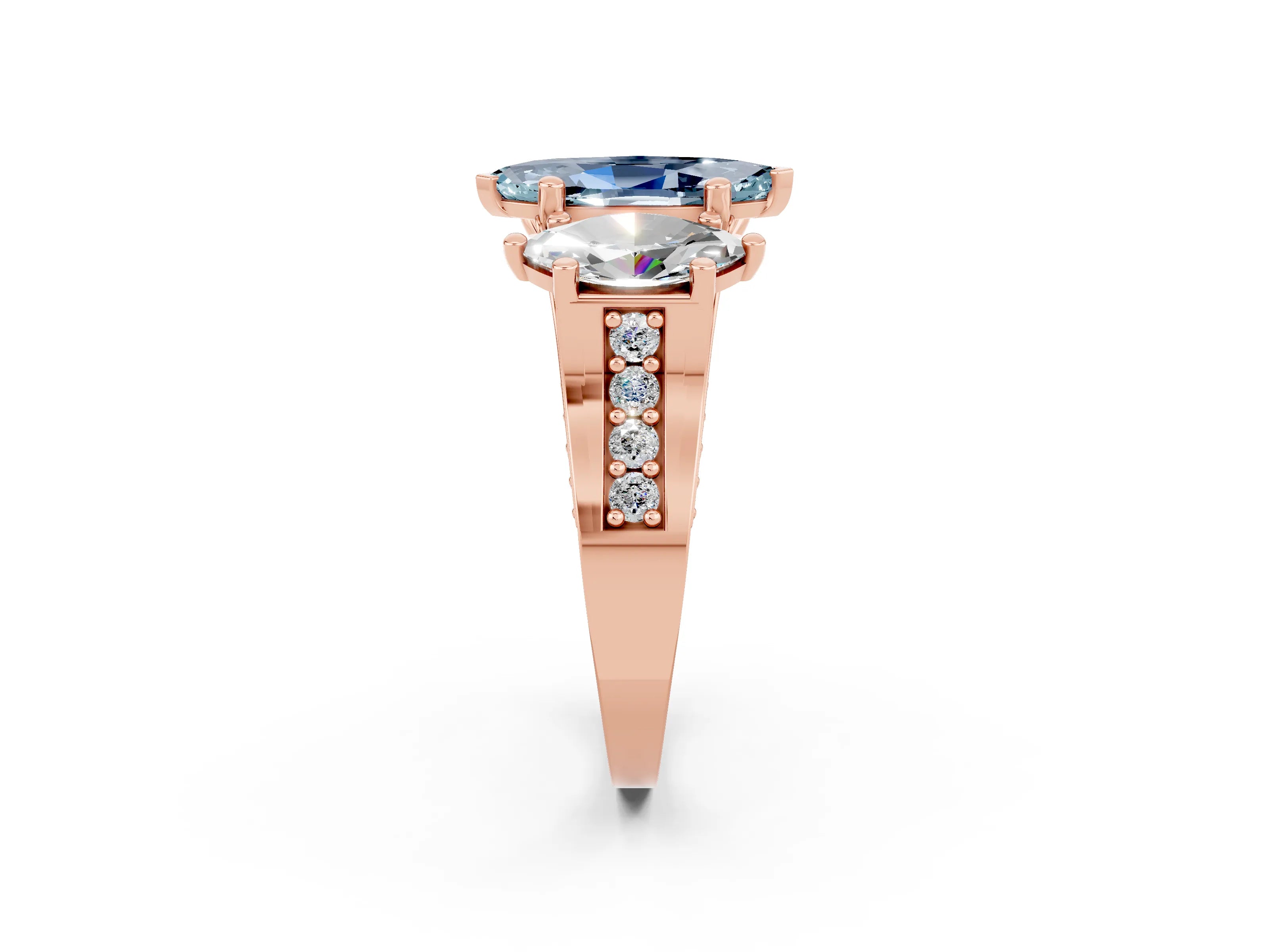 Rose gold Marquise Cut Aquamarine Three-Stone Ring with Channel Set Band and Four-Prong Setting_2