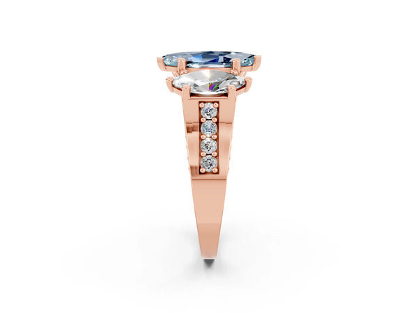 Rose gold Marquise Cut Aquamarine Three-Stone Ring with Channel Set Band and Four-Prong Setting