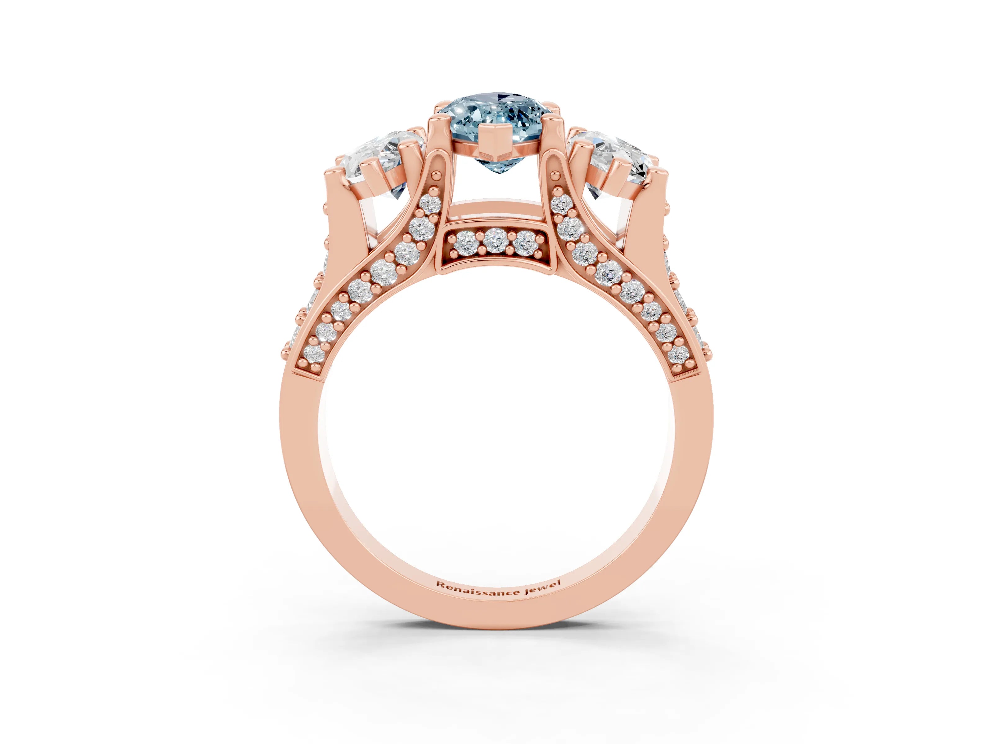 Rose gold Marquise Cut Aquamarine Three-Stone Ring with Channel Set Band and Four-Prong Setting_3