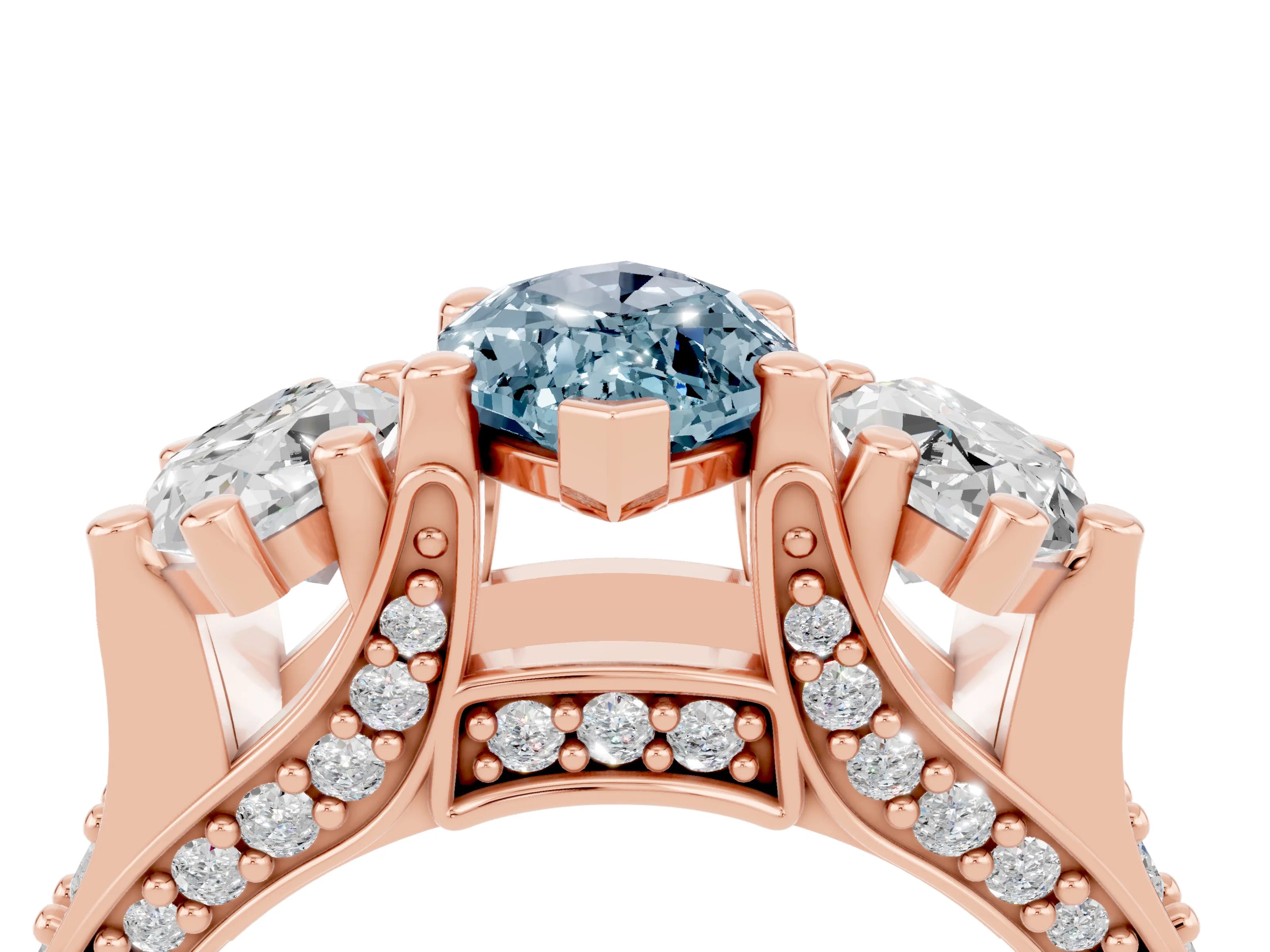 Rose gold Marquise Cut Aquamarine Three-Stone Ring with Channel Set Band and Four-Prong Setting_4