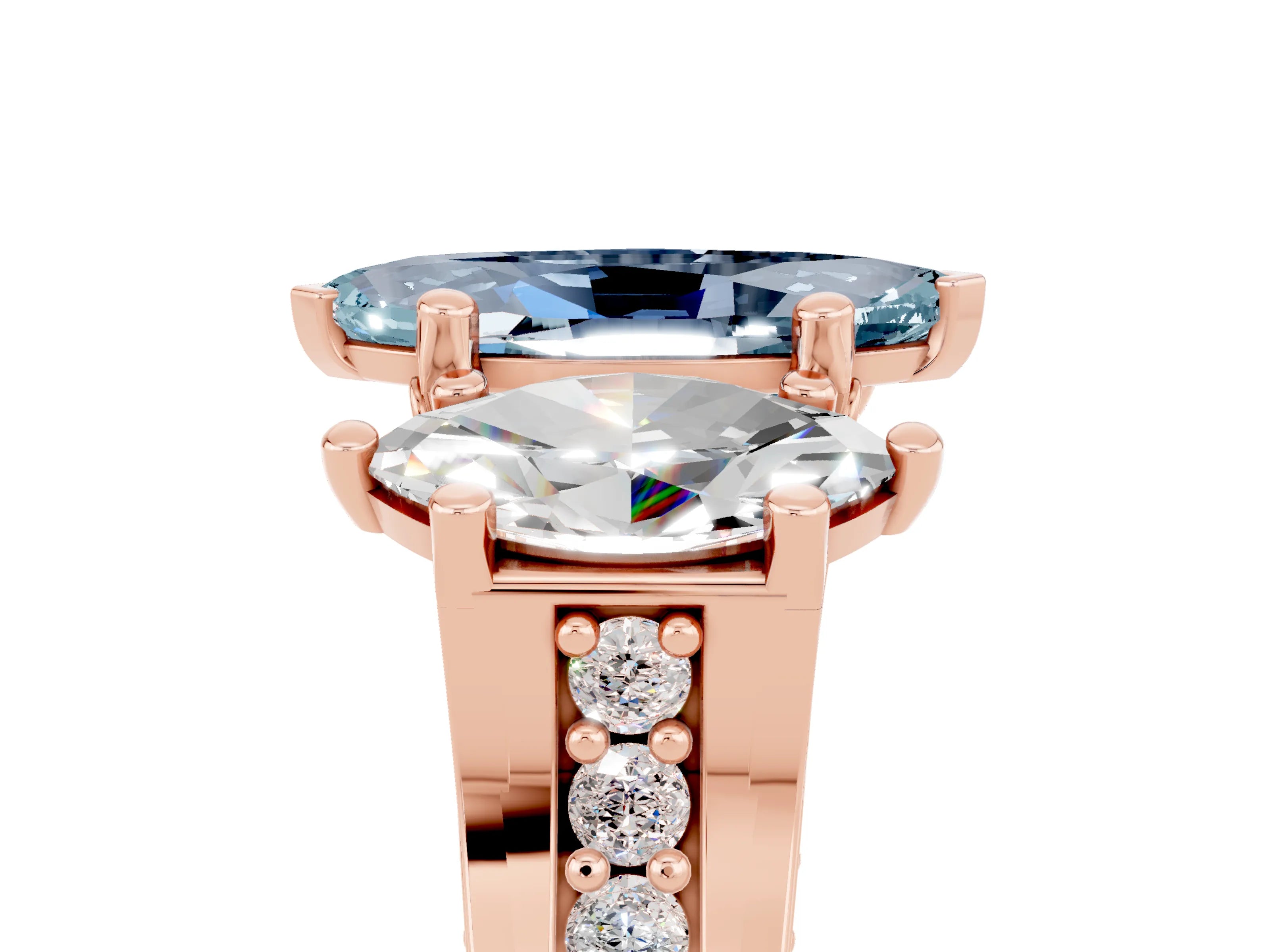 Rose gold Marquise Cut Aquamarine Three-Stone Ring with Channel Set Band and Four-Prong Setting_5