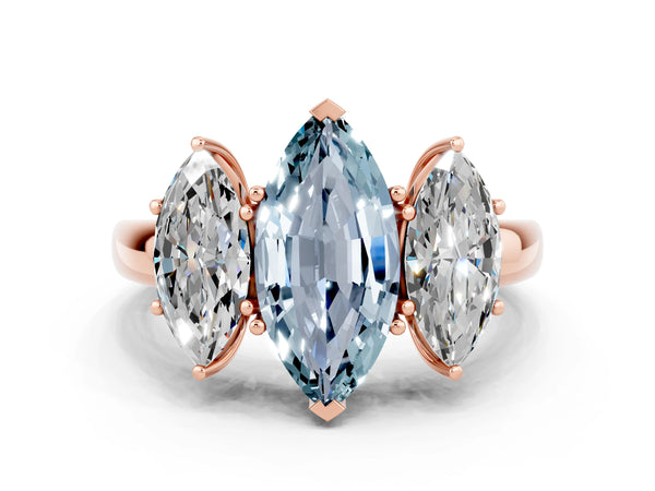 Rose gold Marquise Cut Aquamarine Three-Stone Ring with Four-Prong Setting and Classic Band