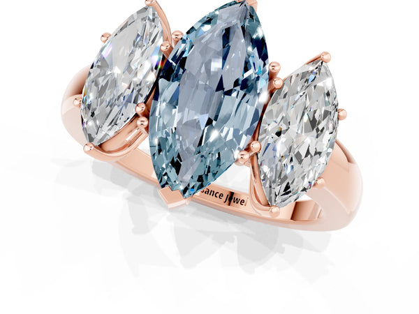 Rose gold Marquise Cut Aquamarine Three-Stone Ring with Four-Prong Setting and Classic Band