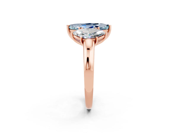 Rose gold Marquise Cut Aquamarine Three-Stone Ring with Four-Prong Setting and Classic Band